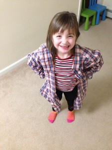 Trying on dad's shirt